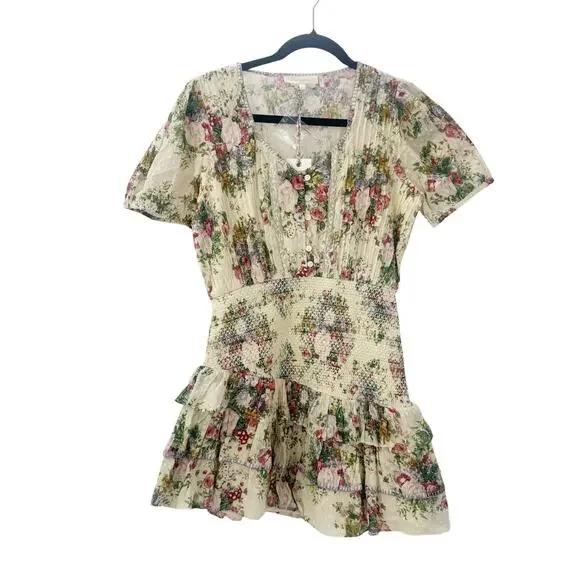 LoveShackFancy Keelin Mini Dress Shining Gemstone Floral Cotton Multi Size M NWT - Picture 8 of 11